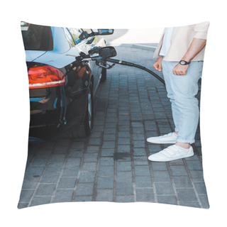 Personality  Cropped View Of Man Standing Near Black Car At Gas Station  Pillow Covers