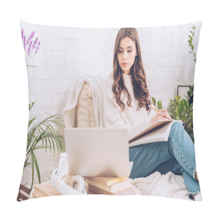 Personality  Beautiful Young Woman Writing In Notebook And Using Laptop At Home Pillow Covers