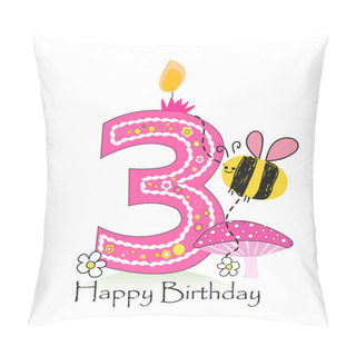 Personality  Happy Third Birthday Candle. Baby Girl Greeting Card With Bee And Daisy Vector Background Pillow Covers
