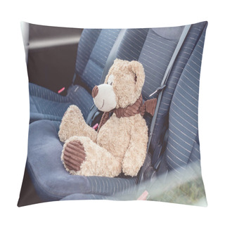 Personality  Close-up Shot Of Cute Teddy Bear Sitting On Back Seats Of Car Pillow Covers