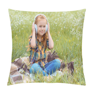 Personality  Cute Kid Listening Music In Headphone While Sitting On Blanket In Field With Wild Flowers Pillow Covers