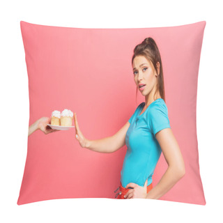 Personality  Confident Sportswoman Showing Refusal Gesture Near Female Hand With Plate Of Delicious Cupcakes On Pink Background Pillow Covers