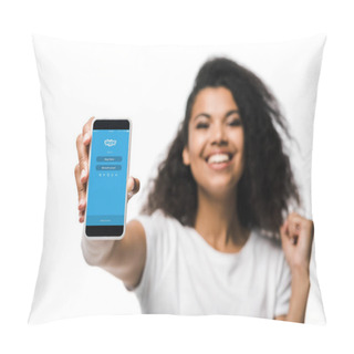 Personality  KYIV, UKRAINE - MAY 29, 2019: Selective Focus Of Happy African American Girl Holding Smartphone With Skype App And Celebrating Isolated On White  Pillow Covers