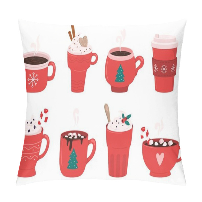 Personality  Christmas holiday coffee mug. Cocoa with marshmallows, winter warming drinks and hot espresso cup vector illustration set pillow covers