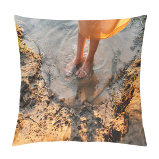 Personality  Feets Of Girl Wearing Natural Linen Dress Standing In Lake Water, Summertime. Coutryside Living. Summer Vibes. The Feeling Of Summer. Pillow Covers