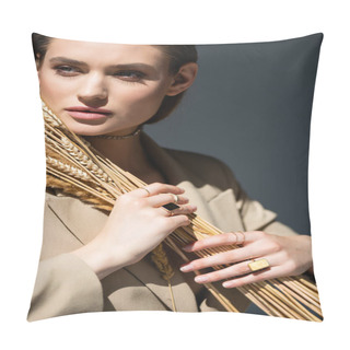 Personality  Young Woman In Beige Blazer Looking At Camera Near Wheat Spikelets On Dark Grey Pillow Covers
