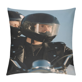 Personality  Two Bikers In Moto Helmets Sitting On Motorcycle Pillow Covers