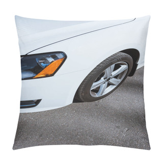 Personality  Cropped Image Of Headlight And Wheel Of White New Car On Road Pillow Covers