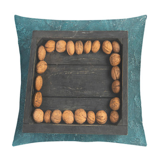 Personality  Autumnal Backdrop With Walnuts In Black Wooden Tray On Blue Textured Surface, Thanksgiving Concept Pillow Covers