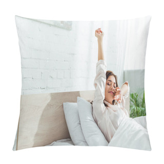 Personality  Attractive Woman With Closed Eyes Stretching Herself At Morning  Pillow Covers