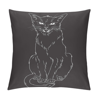 Personality  Hand Drawn Black Cat Isolated Over Black Background. Wiccan Familiar Spirit, Pagan Witchcraft Theme Design Vector Illustration. Pillow Covers