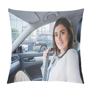 Personality  Elegant Woman Smiling At Camera While Sitting In Car And Fixing Seatbelt Pillow Covers