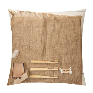Personality  Top View Of Different Hygiene And Care Items Arranged On Sackcloth On White Wooden Surface, Zero Waste Concept Pillow Covers