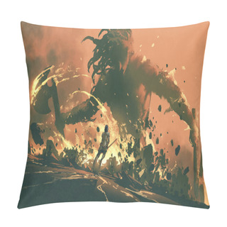 Personality  A Medieval Knight With His Sword Leapt Into The Fight Against The Giant, Digital Art Style, Illustration Painting Pillow Covers