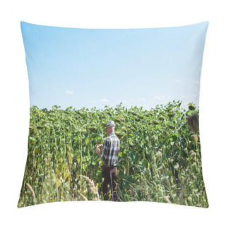 Personality  Self-employed Farmer In Straw Hat Standing Near Sunflowers In Field  Pillow Covers