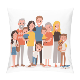 Personality  Big Happy Multi-generational Family Siblings Relatives Portrait. Vector People. Seniors Mother And Father With Babies, Children Grandchildrens And Grandparents. Grandma Grandpa Mom Dad. Pillow Covers