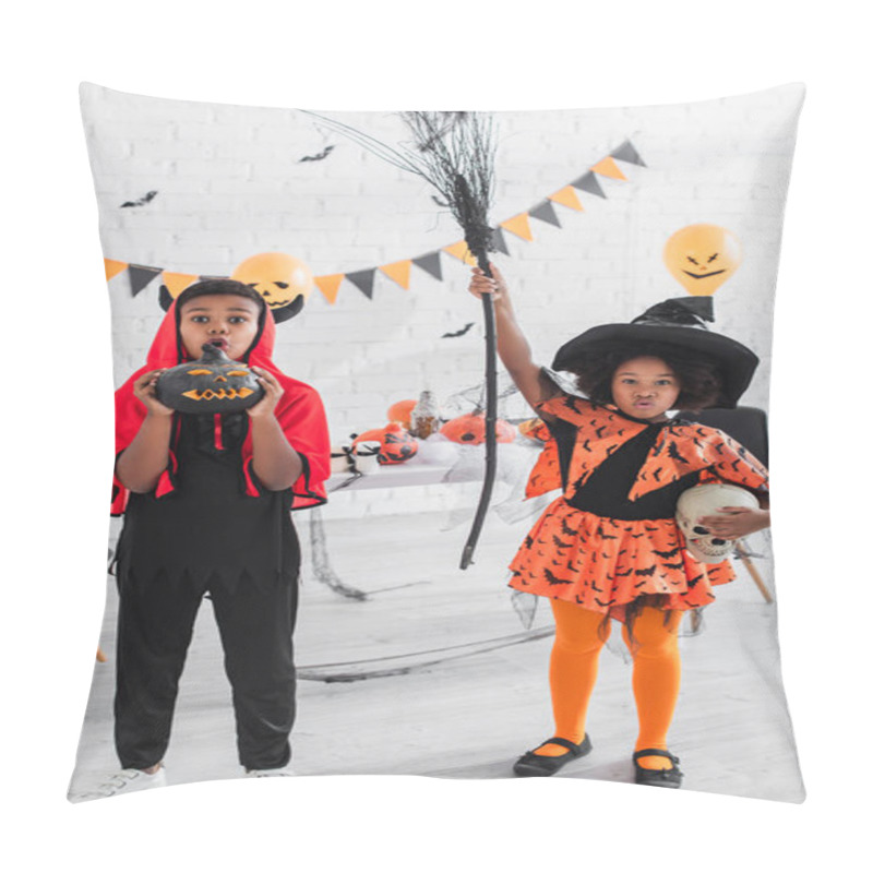 Personality  Spooky African American Girl In Halloween Costume Holding Skull And Broom Near Brother With Carved Pumpkin  Pillow Covers