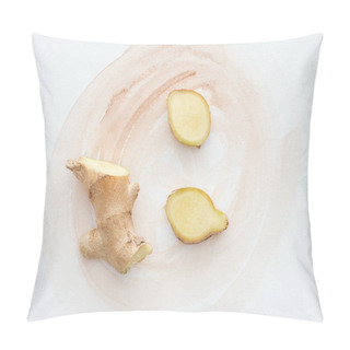 Personality  Top View Of Sliced Ginger Root On White Surface With Watercolor Strokes Pillow Covers
