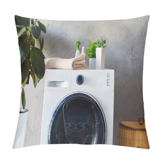 Personality  Plants, Towel And Bottles On Washing Machine Near Laundry Basket In Bathroom  Pillow Covers