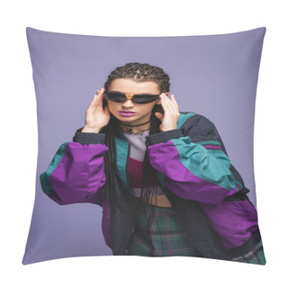 Personality  Stylish Model In Sunglasses And Retro Sports Jacket Isolated On Purple  Pillow Covers