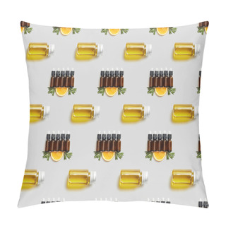 Personality  Pattern With Essential Oil In Bottles And Sliced Orange On Grey Background Pillow Covers