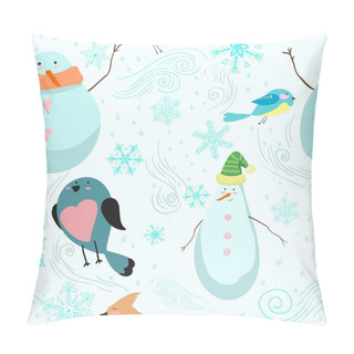 Personality  Seamless Pattern With Snowmen, Birds, Snowflakes Pillow Covers