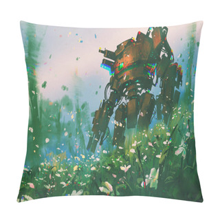 Personality  An Ancient Robot Standing In The Field Of Flowers, Digital Art Style, Illustration Painting Pillow Covers