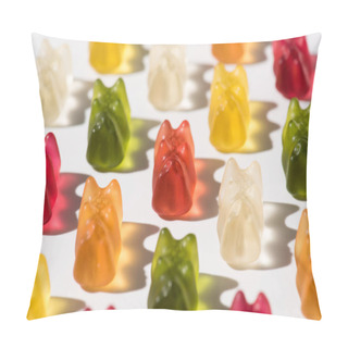 Personality  Close-up Shot Of Sweet Gummy Bears Pattern Lying On White Pillow Covers