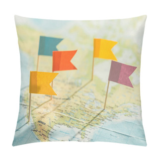 Personality  Selective Focus Of Colorful Flags And Strings On World Map Pillow Covers