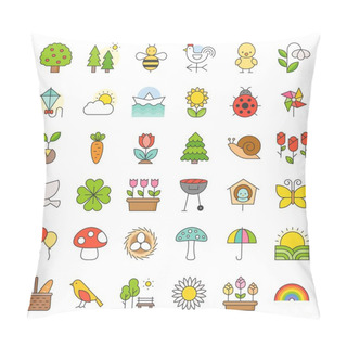 Personality  Picnic, Nature And Spring Icon Set, Such As Picnic Basket, Floral, Bird, Rainbow, Bird Nest, Playing Kite, Sun Raising, Filled Outline Icon Pillow Covers
