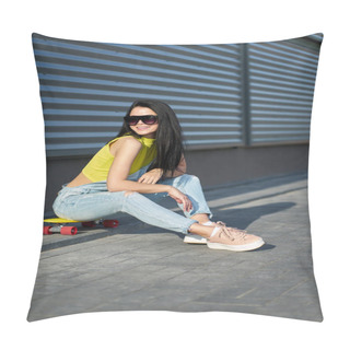 Personality  Beautiful Stylish Smilling Brunette Girl With Long Hair In Trend Pillow Covers