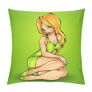Personality  Vector Illustration Of Sitting Sexy Lady Wearing In Green Dress Pillow Covers