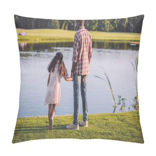 Personality  Girl And Grandfather Standing Near Lake Pillow Covers