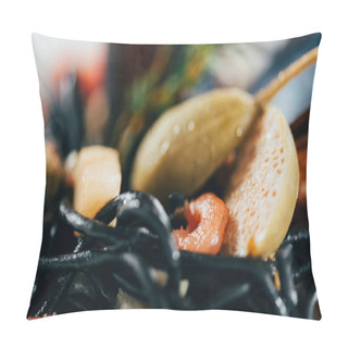 Personality  Close-up View Of Gourmet Spaghetti With Cuttlefish Ink, Squid And Mussels With Octopus   Pillow Covers