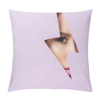 Personality  Woman With Smoky Eyes Looking At Camera Across Hole In Violet Paper Pillow Covers