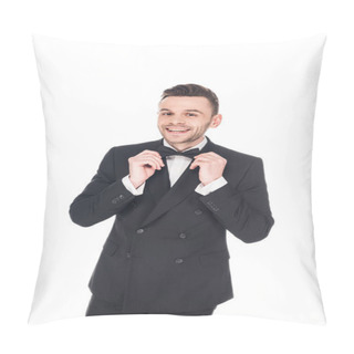 Personality  Cheerful Elegant Man Posing In Black Tuxedo And Tie Bow Isolated On White Pillow Covers