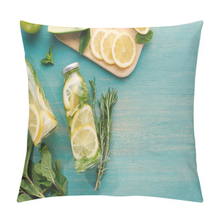 Personality  Top View Of Detox Drink In Bottles With Lemon And Cucumber Slices, Mint And Rosemary Pillow Covers