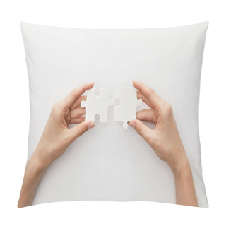 Personality  Cropped View Of Woman Holding Piece Of Jigsaw Puzzle On White Background Pillow Covers