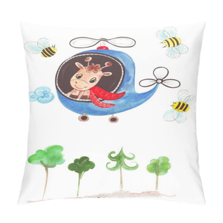 Personality  Illustration Of Color Watercolor Animal Character Giraffe Travels In A Helicopter Vehicle On A White Isolated Background. Pillow Covers