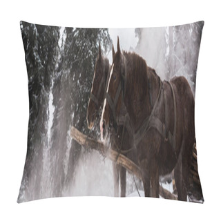 Personality  Horses With Horse Harness In Snowy Mountains With Pine Trees, Panoramic Shot Pillow Covers