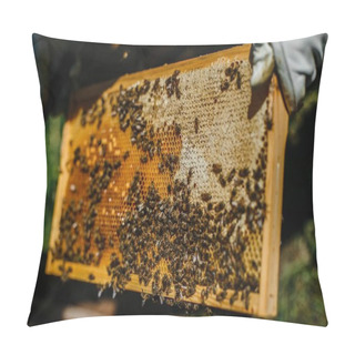 Personality  A Closeup Shot Of A Farmer Holding A Beehive Frame With Bees On It Pillow Covers