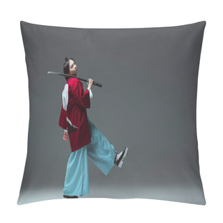 Personality  Side View Of Samurai In Kimono Walking With Katana And Looking At Camera On Grey Pillow Covers