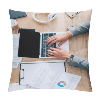 Personality  Top View Of Businessman Using Laptop With Blank Screen Near Documents, Coffee To Go And Headphones  Pillow Covers