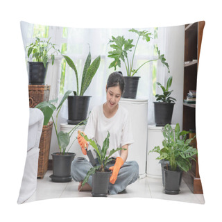 Personality  The Woman Wore Orange Gloves And Planted Trees In The House. Pillow Covers