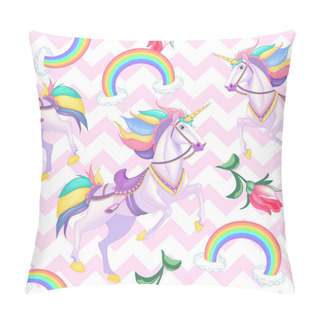 Personality  Cute White Unicorns With Rainbow Hair On Light Pink Seamless Vector Pattern Background Illustration Pillow Covers