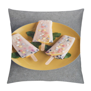 Personality  Top View Of Delicious Fruity Popsicles With Green Mint Leaves On Yellow Plate On Grey  Pillow Covers