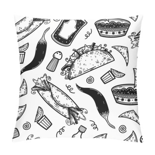 Personality  Traditional Mexican Food, Drinks Seamless Vector Pattern. Hand Drawn Doodle. Sketch Of Burrito, Nachos, Tequila. Monochrome Concept For Decoration, Wrapping Paper Design, Flyers, Web, Cafes. Pillow Covers