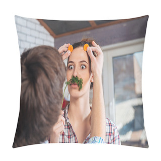 Personality  Playful Couple Having Fun And Making Funny Face On Kitchen Pillow Covers