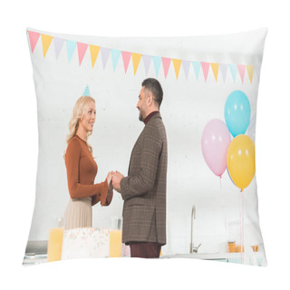 Personality  Happy Woman Holding Hands With Husband Near Birthday Cake And Colorful Balloons Pillow Covers
