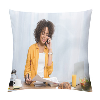 Personality  Young African American Woman Working At Home With Various Food On Table Pillow Covers